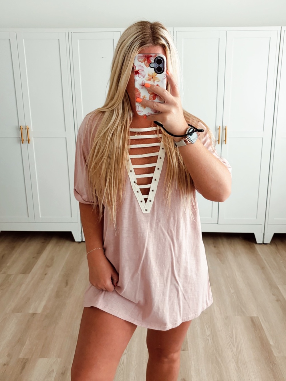 🆕 NWT Pink and white cut out ladder front t shirt dress